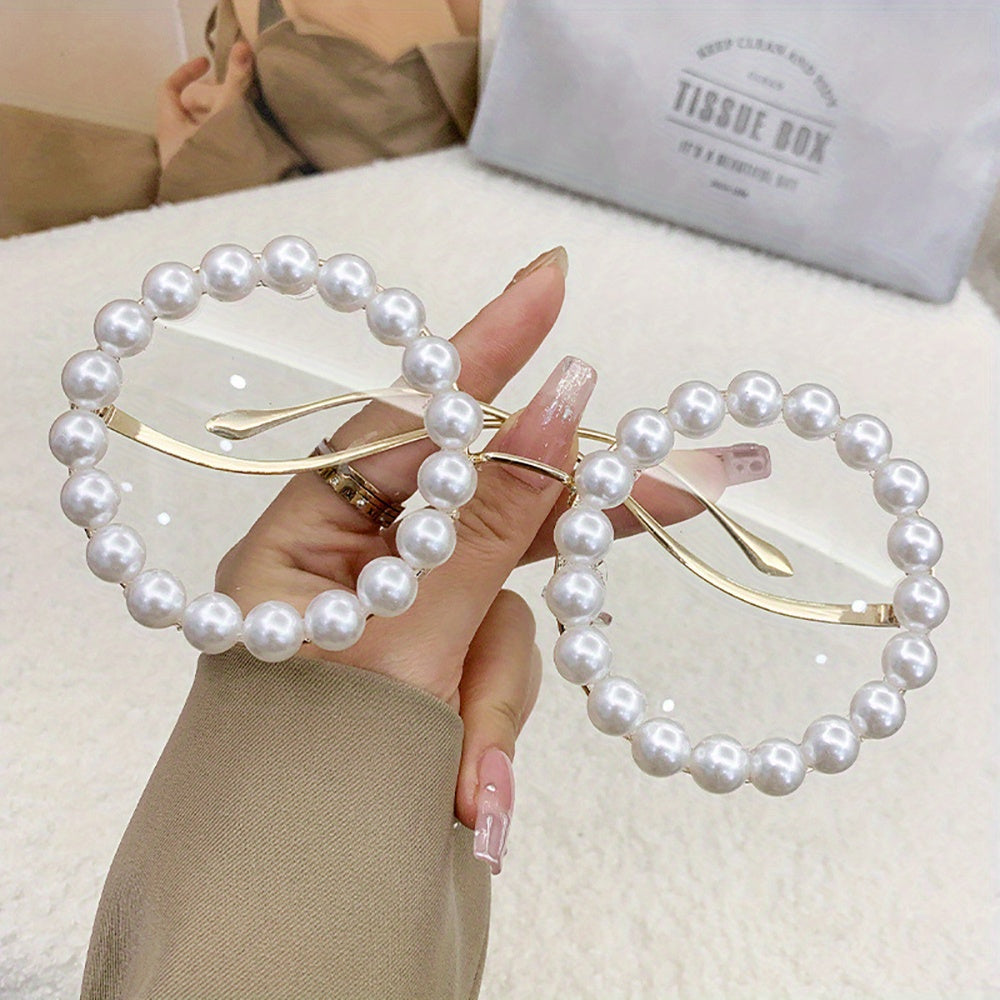 1pc New Round Frame Ladies Full Frame Pearl Glasses Design Sense Wave Shape Temple Fashion Golden Style Photo Gift Glasses Perfect for Summer Festival, Party Holiday Gift, Birthday Gift