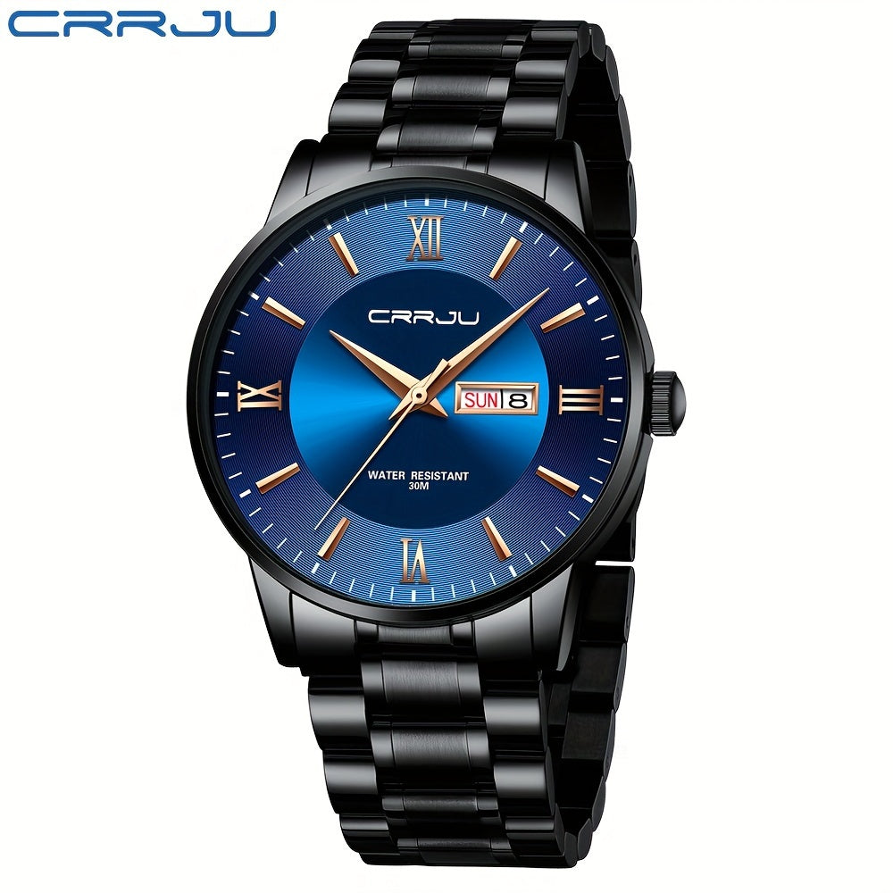 Men's Casual Stainless Steel Watch, Big Face Easy to Read Analog Quartz Watch with Day and Date, Classic Waterproof Roman Arabic Numerals Dial Dress Watch for Men, Golden Silvery Black Band
