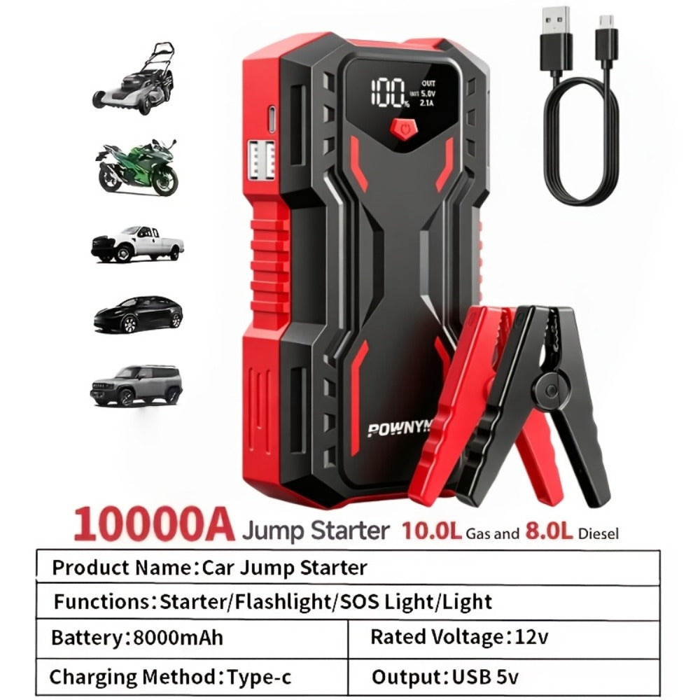 10000A 7-in-1 Multi-Function Emergency Jump Starter with Air Pump, 150PSL Car Battery Booster, Tire Inflator, Portable Vehicle Battery Charger, Suitable for 2.64-Gallon Gasoline or 2.38-Gallon Diesel Batteries, LED Emergency Light