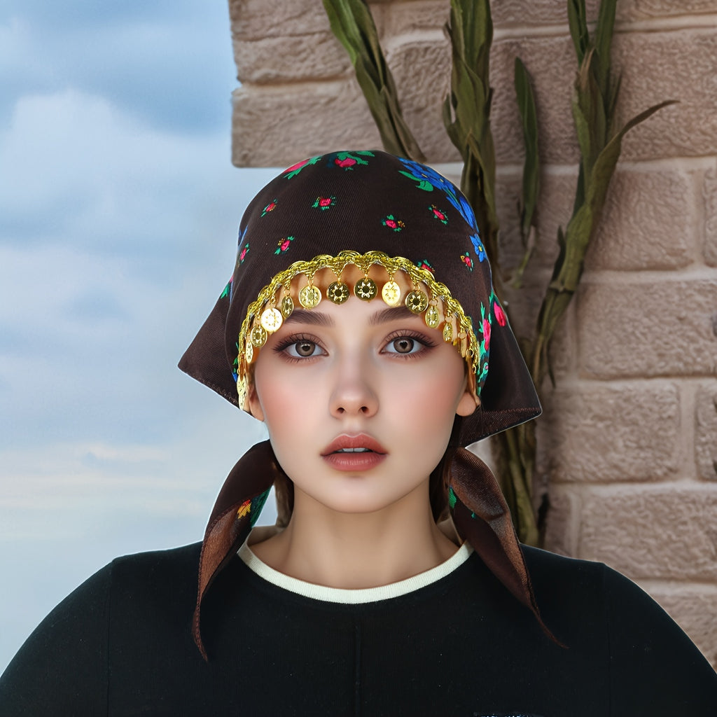 A Stylish Peony-Patterned Headscarf Complemented by Beautiful Golden Sequin Additions, Perfect for Casual Outings. It'S Lightweight, Breathable, And Protects Against Dust, Making It Ideal for Summer Wear