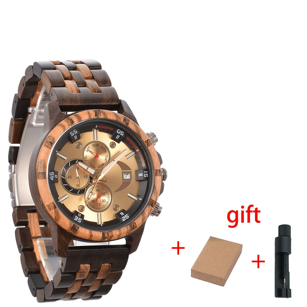 Luxury Multifunctional Men's Wooden Quartz Watch, Week, Calendar, Timer, Fashion Wooden Clock Gift