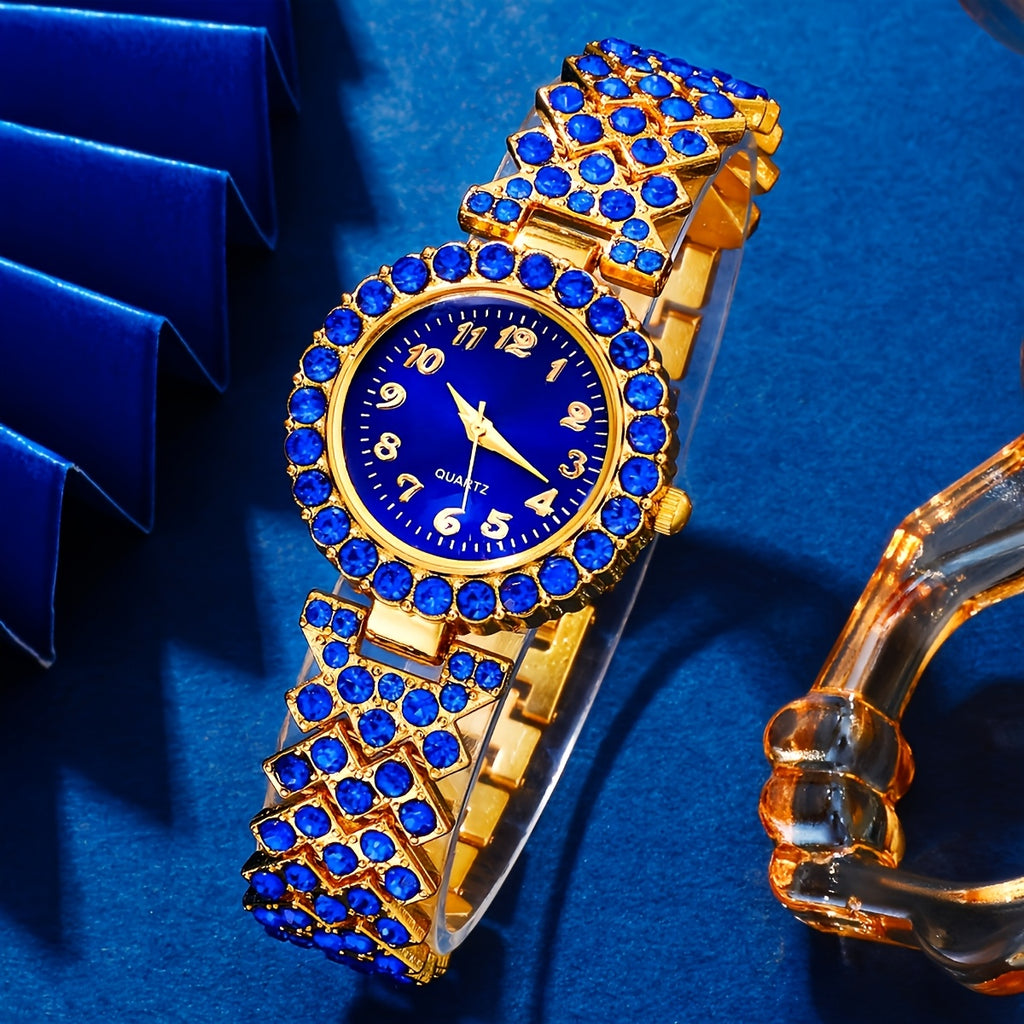 5pcs Elegant Women'S Light Luxury Fashion Quartz Watch And Blue Heart Accessory Set for Party, Valentine'S Day, Mother'S Day, Birthday, Christmas Gift for Mom, Gift for Friends