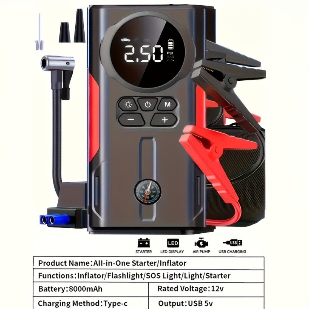 [Portable Car Jump Starter] 10000upgrade 7-in-1 Multi-Functional Emergency Jump Starter, Portable Car Battery Starter, Suitable For 2.64-Gallon Gasoline Or 2.38-Gallon Diesel Batteries, LED Emergency Lights, And Car Emergency Tools
