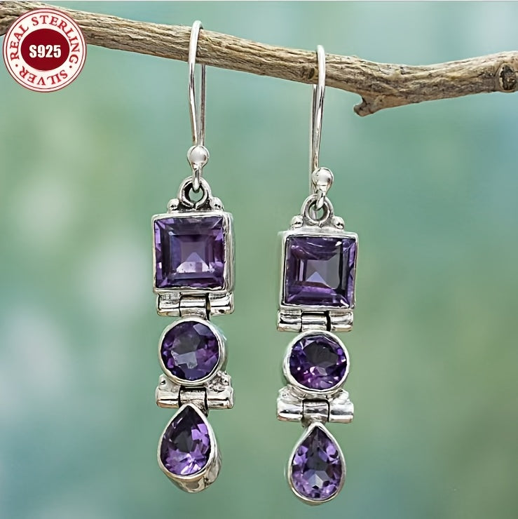 925 Silver Retro Amethyst Three Stone Earrings Lightweight Long Style Square Elliptical Water Drop Pendant Earrings Are The Best Christmas And Birthday Gifts for Yourself And Your Loved Ones