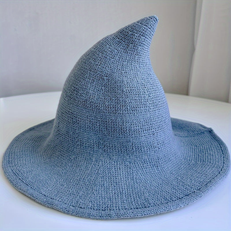[Black Wool Hat] Wool Blend Knitted Hat, Black Pointed Solid Color Crochet Witch Hat | For Women, Perfect For Daily Wear Fall Winter, Christmas Gifts For Halloween New Year