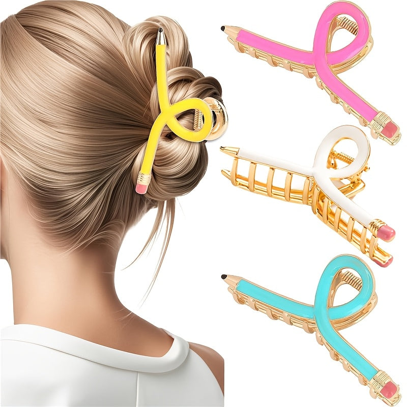 Set of 4 Women'S Pencil Hair Clips - Bright Yellow, Pink, And Light Blue Metal Clips, Suitable for Thick Or Thin Hair, Perfect for Teacher'S Day Gifts, Party & Christmas Outfit Additions, Featuring a Fun Design in The Shape of Colorful Pencils