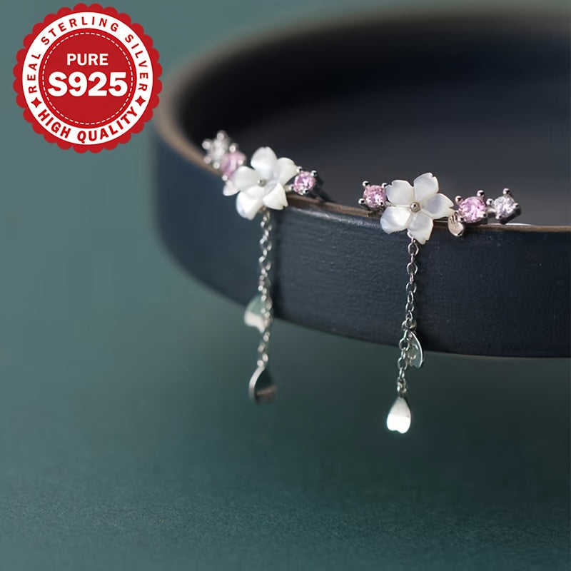 1 Pair of Cherry Blossom Tassel Earrings, S925 Pure Silvery Flower Earrings, Cute Japanese Style Temperament, Classic Tassel Earrings, Suitable for Multiple Occasions, Low Allergy 1.6G