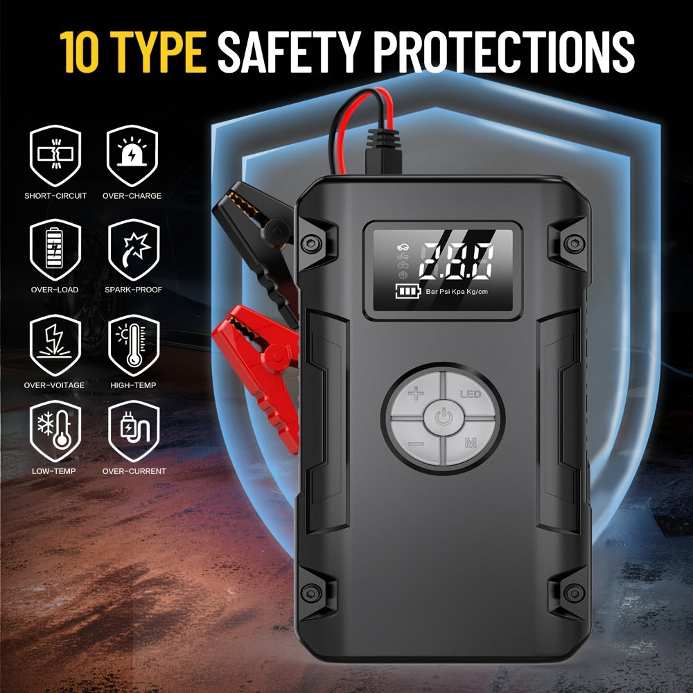 10000A 7-in-1 Multi-Function Emergency Jump Starter with Air Pump, 150PSL Car Battery Booster, Tire Inflator, Portable Vehicle Battery Charger, Suitable for 2.64-Gallon Gasoline or 2.38-Gallon Diesel Batteries, LED Emergency Light