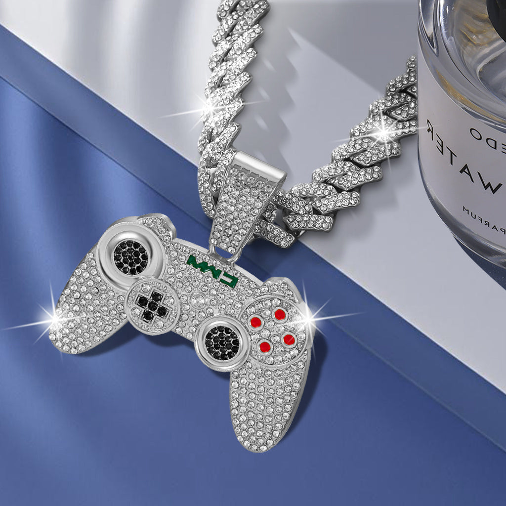 2pcs Fashionable Game Controller Pendant Necklace with Rhinestones - Men's Hip - Hop Cuban Chain, Ideal for Music Festivals, EDM Parties