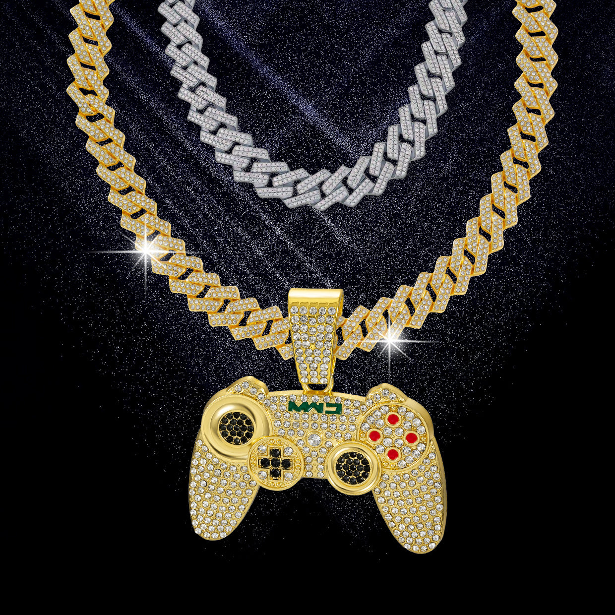 2pcs Fashionable Game Controller Pendant Necklace with Rhinestones - Men's Hip - Hop Cuban Chain, Ideal for Music Festivals, EDM Parties