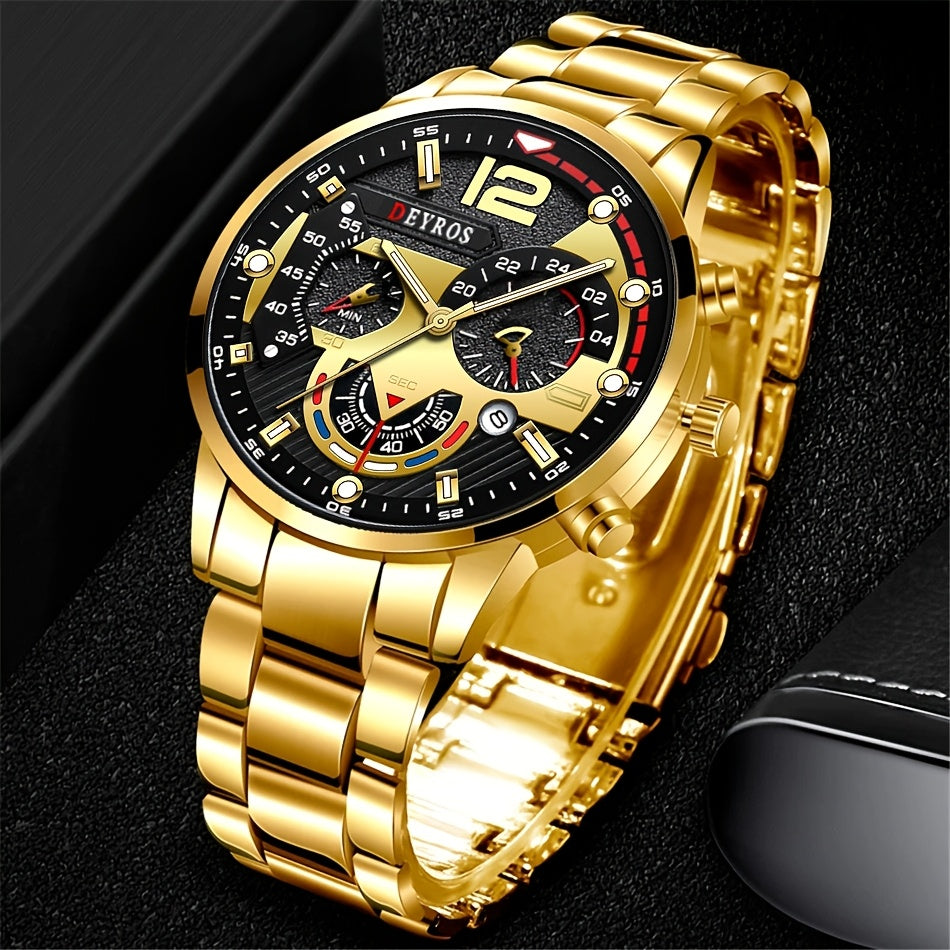 3pcs Men's Watch and Matching Necklace/Bracelet Combo - Luxury Analog Quartz Wristwatch with Matching, Elegant & Matching for Daily Wear, Gifts for Him (, Anniversary, Thanksgiving) - Stylish Complete