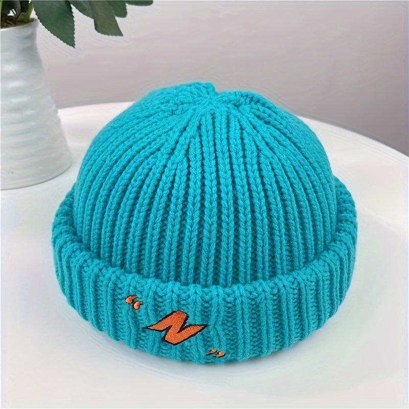Men's Winter Warm Knit Beanie Cap - Basic Style, Machine Washable, Polyester Fiber Embroidery, Unisex Fashion Roll-Up Cuff