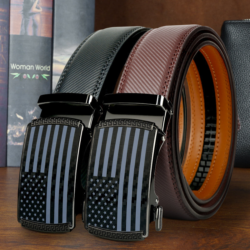 Set of 2 Split Leather Ratchet Belts for Men, Featuring American Flag Designs And Automatic Slide Buckles for Golf, Belt Buckle For Men