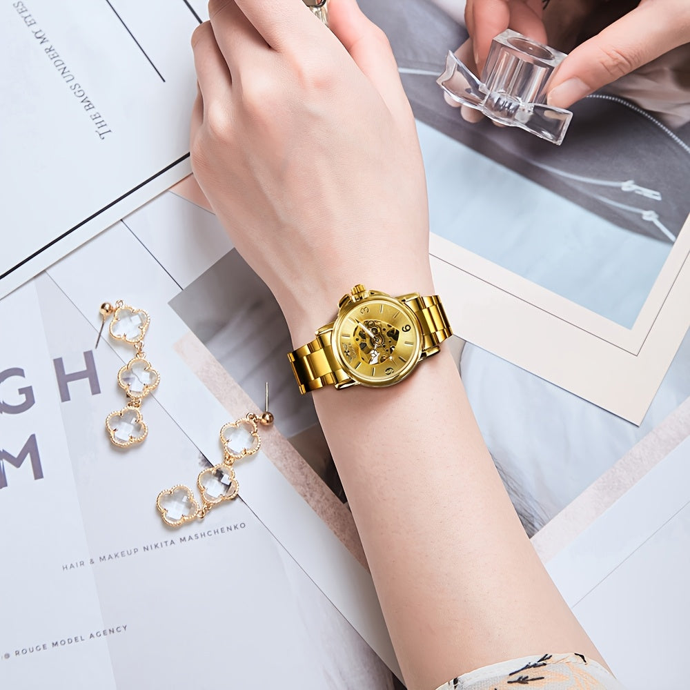 T-WINNER Luxury Golden Skeleton Automatic Mechanical Watch with Luminous Heart Dial, Royal Golden & Stainless Steel Band - Elegant Casual Wristwatch for Christmas, Thanksgiving, Birthday Gifts, Special Occasion Wristwatches