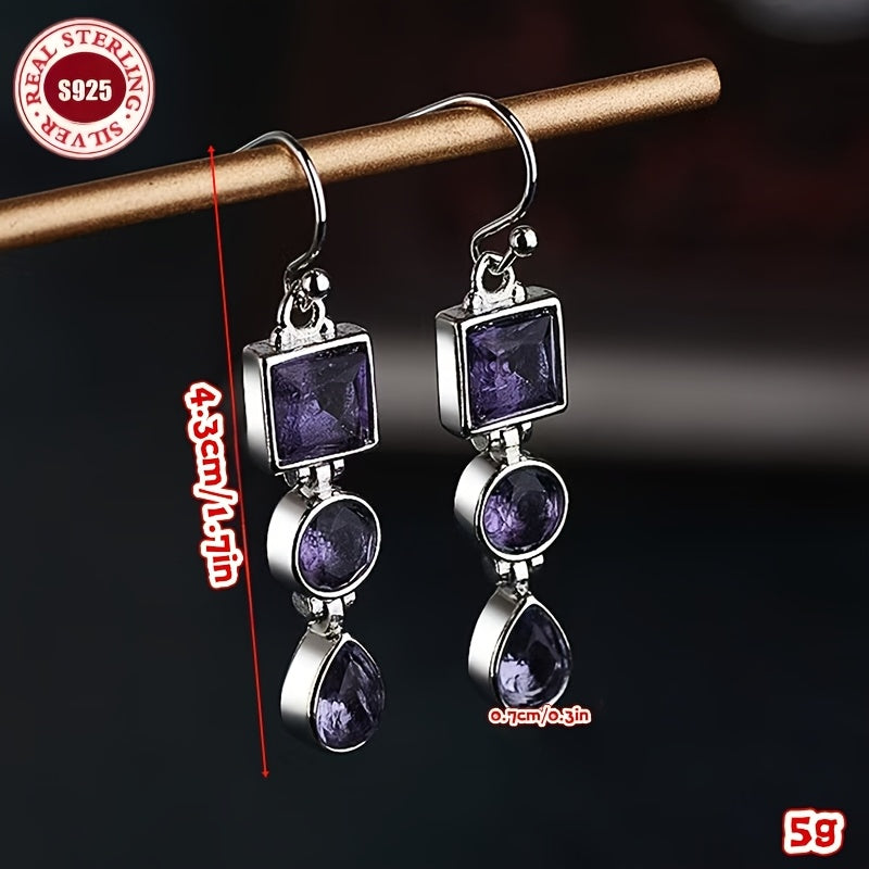 925 Silver Retro Amethyst Three Stone Earrings Lightweight Long Style Square Elliptical Water Drop Pendant Earrings Are The Best Christmas And Birthday Gifts for Yourself And Your Loved Ones