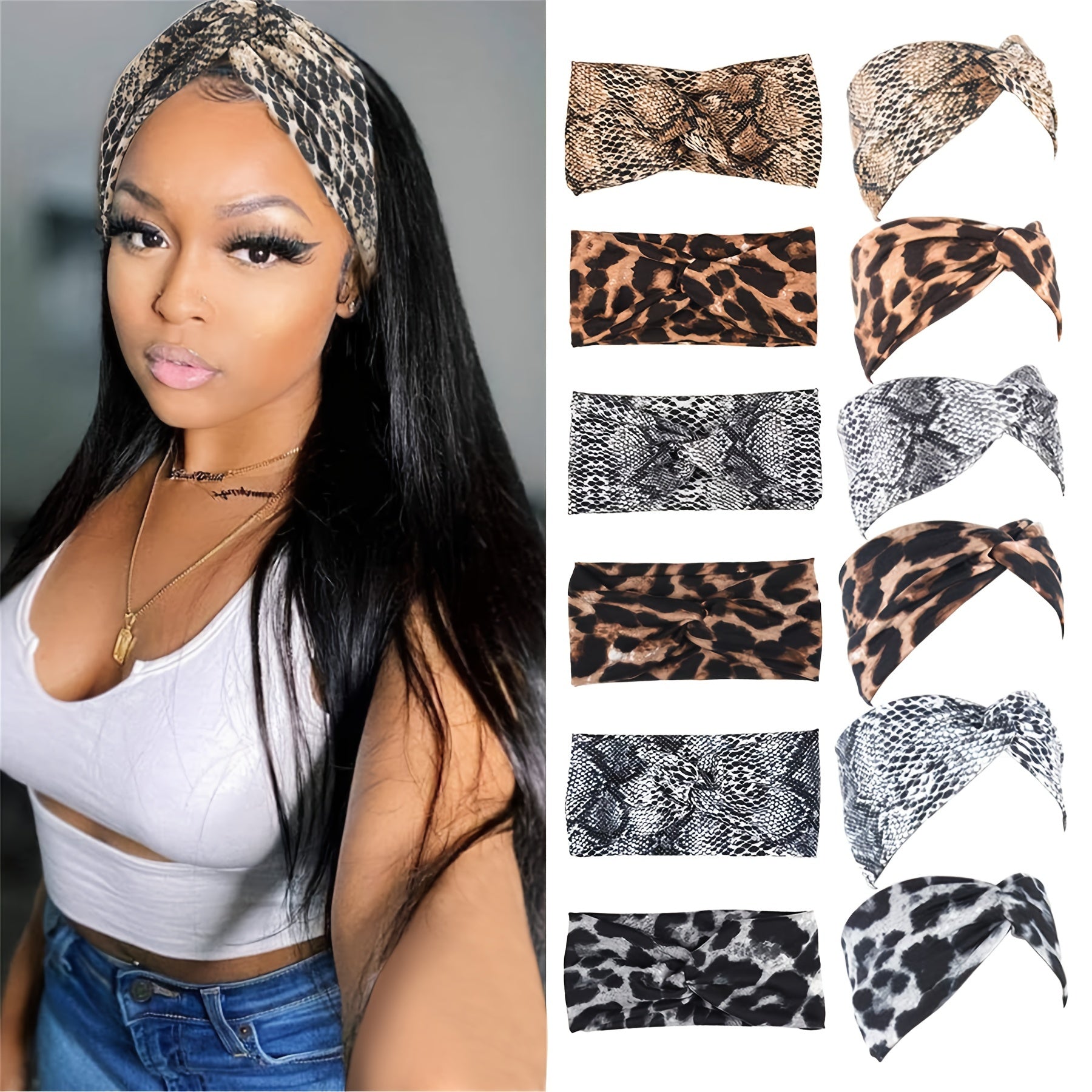 6pcs Boho Chic Leopard Print Wide Headbands for Women - Elastic Twist Knotted Turban Style with Bow Accent, Polyester Hair Accessories in Various Shades