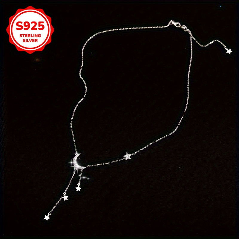 [Mother's Day Gift] Sterling Silvery S925 Boho Cute Moon And Star Tassel Pendant Necklace, Elegant Fashion Jewelry For Women, Hypoallergenic, Daily & Gift Occasion, Mother's Day, All-Season