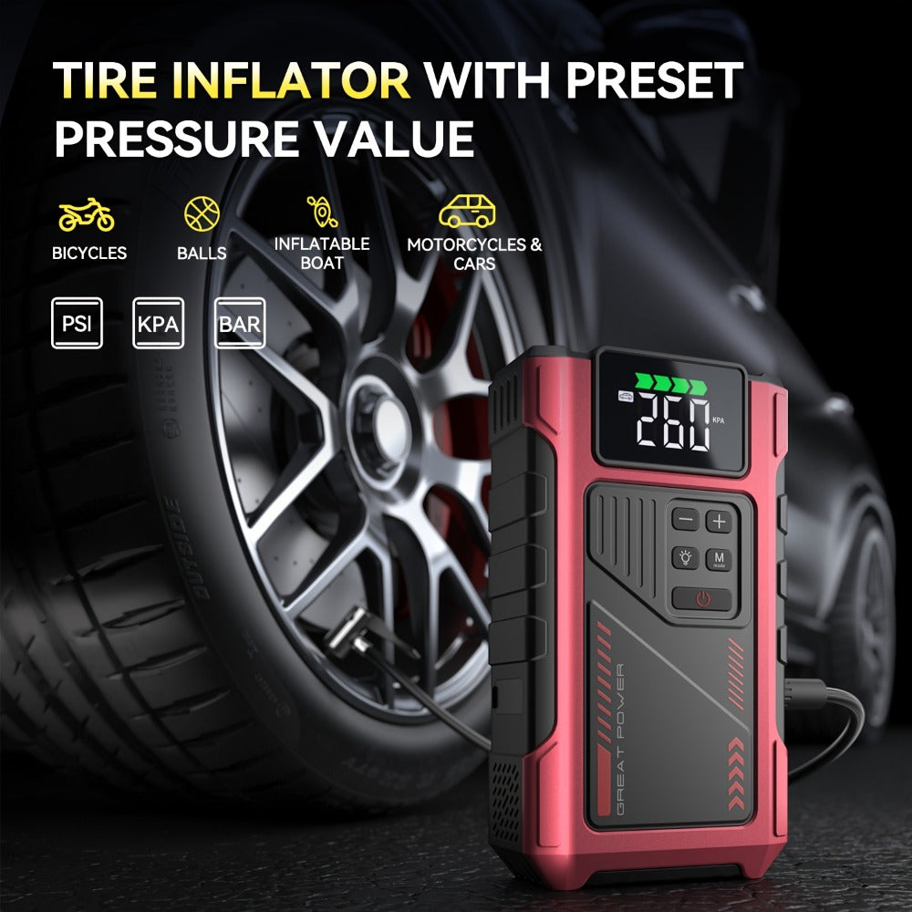 [Portable Jump Starter] 9-in-1 Portable Jump Starter with Air Compressor, Jump Starter for Car, Battery Jump Starter Portable, Car Battery Charger Portable For12V(8.0LGas/6.5L Diesel) Start The Car Quickly, USB Input/output, LED Emergency, Car Accessories