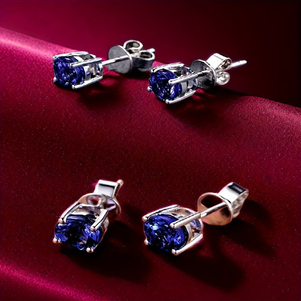 Blue Tanzanite Sparkling Earrings 925 Silvery Needles - European and American Elegance and Luxury - Banquets, Vacations and Daily Wear