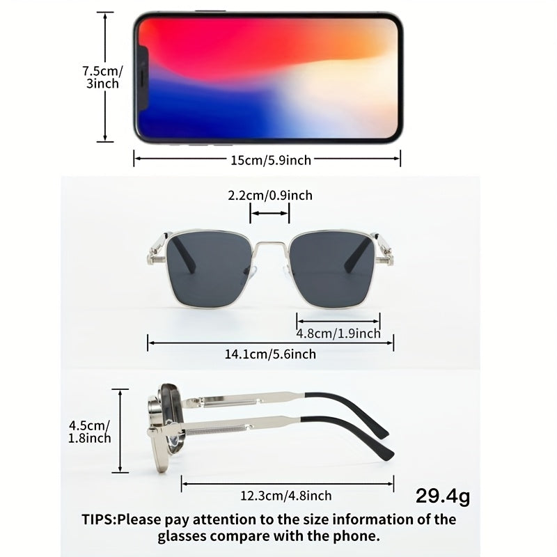 Retro Steampunk Style Square Sunglasses for Men And Women - Vintage Metal Frame with Gradient Green Lenses, Including Eyeglass Cloths And an Eyeglass Case - Cool And Edgy Look for Parties, Streetwear, Festivals - UV400 Protection - Unique Gift Idea