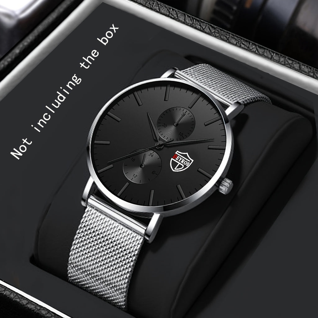 Men's Classic Black Quartz Watch with Stainless Steel Mesh Band, Black Dial & Red Hands, High Quality 1181.1inch, Analog/Digital Display, Date/Day/Stopwatch/Chronograph, Scratch-Resistant Glass, Comfort Fit for Everyday & Formal Wear - Elegant Minimalist