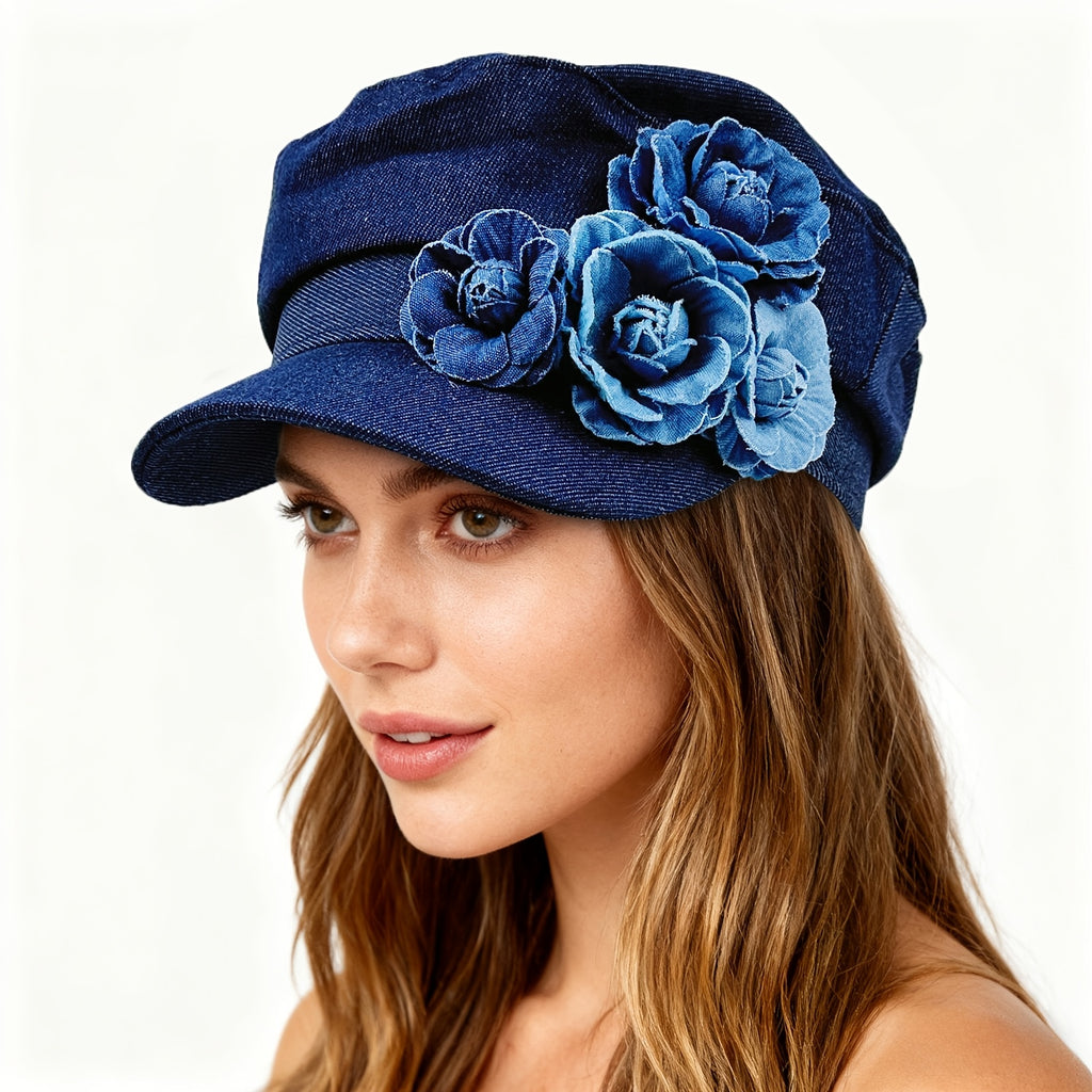 Women's Floral Denim Newsboy Cap Handmade Flower Decor Casual Hat for Artists Painters Suitable for Daily Outdoor Wear