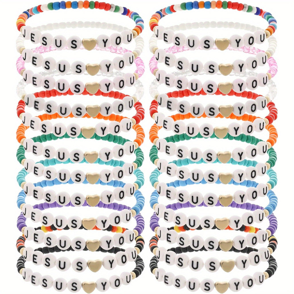 24pcs Bracelet Bulk Handmade Clay Beads Jesus Friendship Bracelet Christian Jesus Love You Jewelry Accessories Christmas Easter Gift