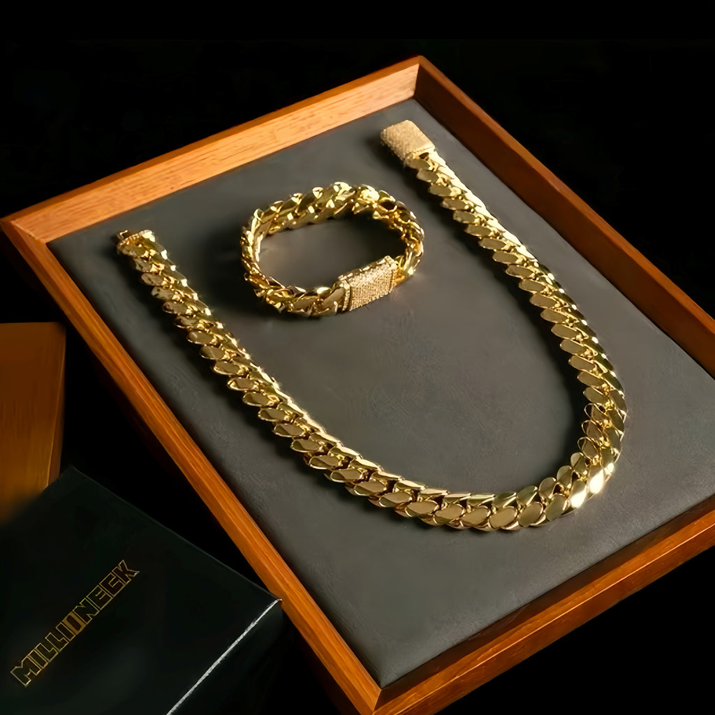 Two 12mm Trendy Bracelets And Necklaces Set, Hip-hop Jewelry, 18K Gold Plated-plated 316L Stainless Steel, Sturdy And Durable Men's Gift