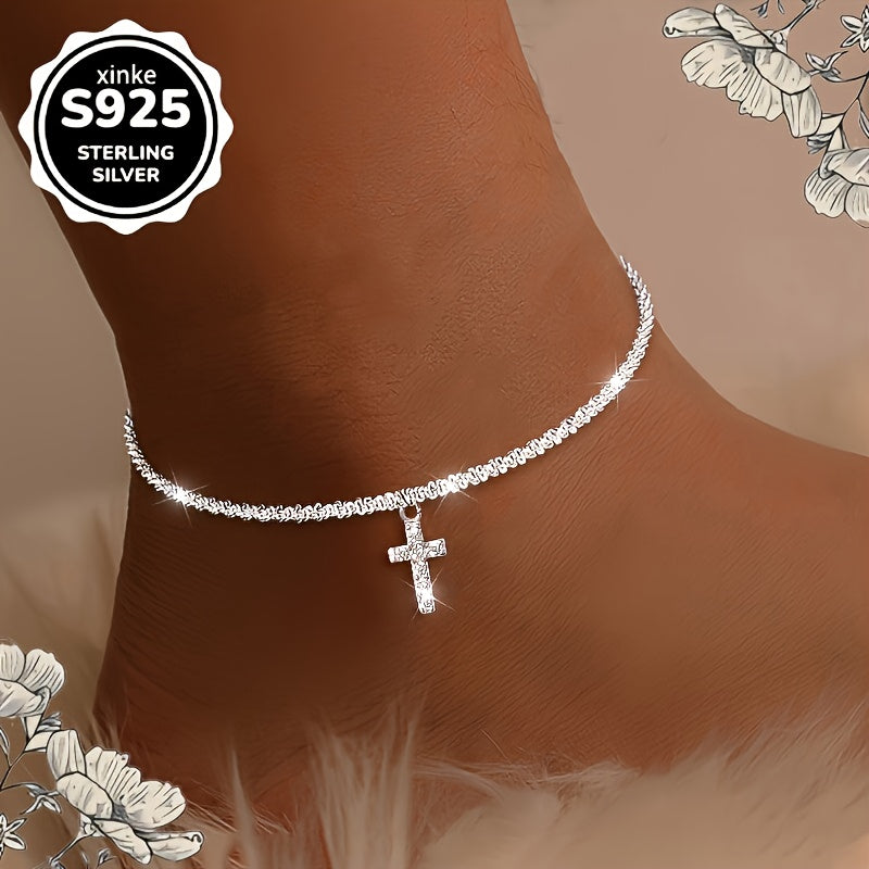 Beautiful S925 Sterling Silver Cross Anklet Featuring a Dazzling End, Perfect for Bohemian Vacation Style Jewelry for Casual Outfits, Beach Trips, And Parties. an Ideal Gift for Valentine'S Day And Mother'S Day, This Accessory Is Stylish for Any Sea