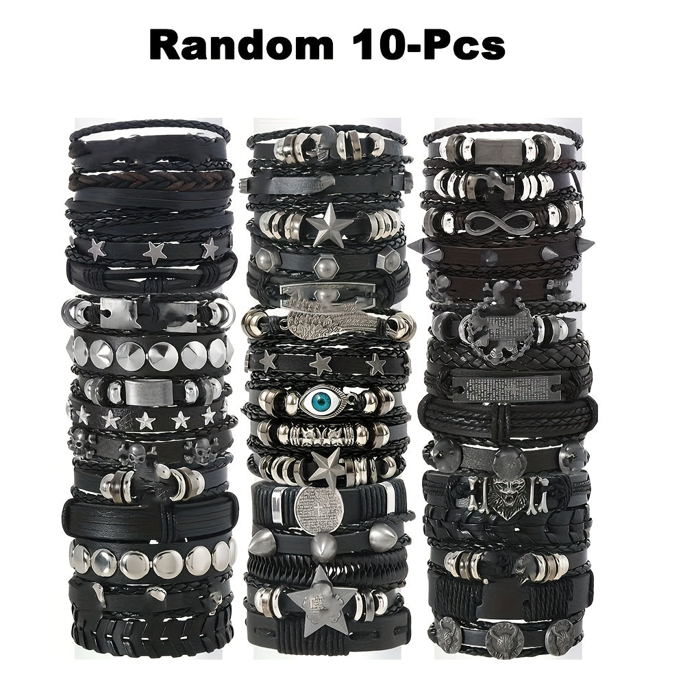 Random10/ 20/ 30pcs Punk Hip Hop Style Faux Leather Bracelets Set Multi-layer Skull Cross Star Halloween Chic Infinity Symbol Design Vintage Black for Teen And Gifts Thanksgiving Father's Day Graduation Creative Metal Dots Fashion Jewelry