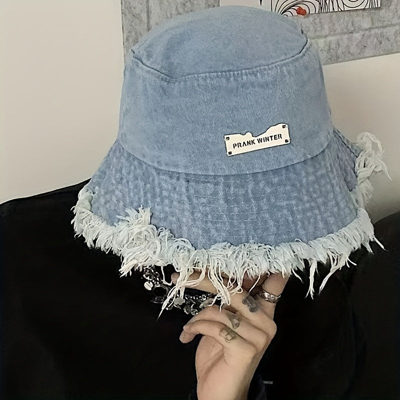 Lightweight Blue Bucket Hat with a Raw Hem, Featuring a Distressed Look, Perfect for Casual Sun Protection for Both Men And Women