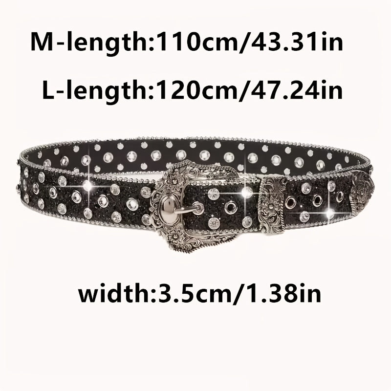 Luxurious Sparkly Sequin Belt | Black Silvery Western Punk Style Rhinestone-Embellished Belt with Rivet Decorations, Exquisitely Carved Silvery Buckle & Adjustable Holes | Daily Fashion Metal Accent for Halloween, Summer, School, Autumn, Halloween