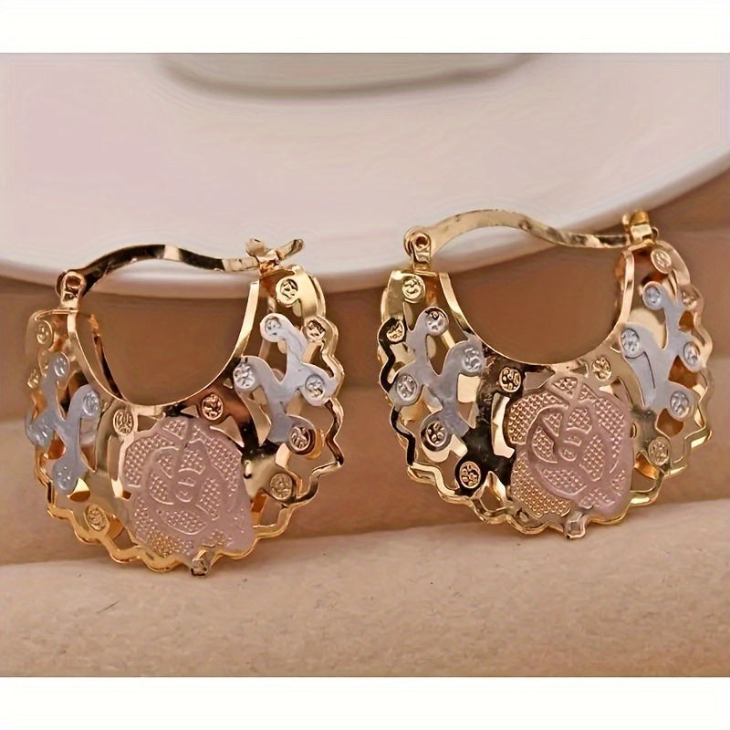 [4 Pairs Golden Earrings] 4 Pairs/Set Golden-Plated Heart-Shaped Hoop Earrings | Exquisite Hollow Design, Elegant Women's Ear Jewelry Accessories, Old-Fashioned Wedding and Birthday Gifts