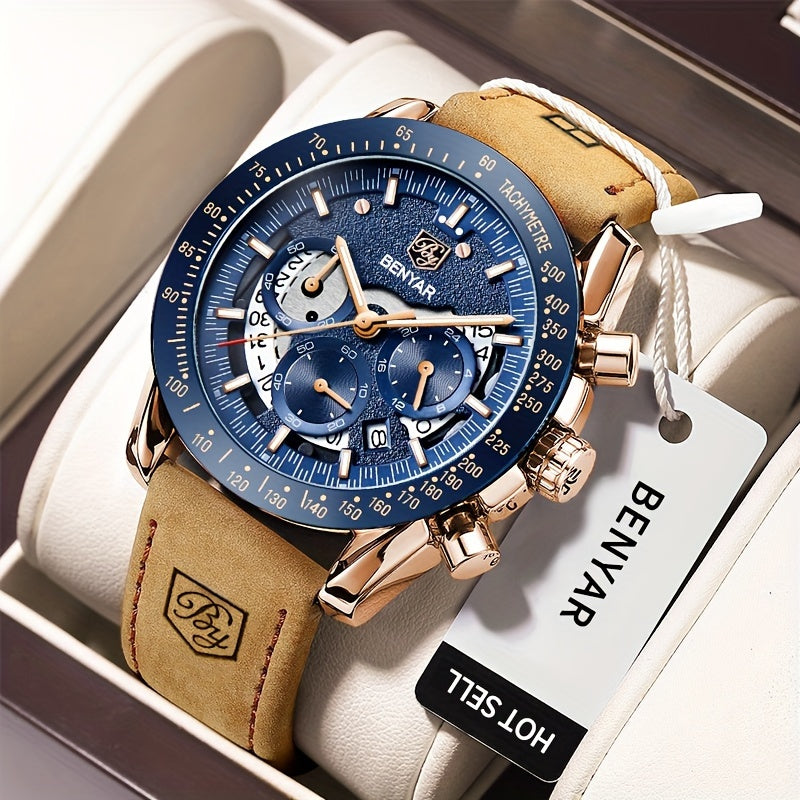 [BENYAR Luminous Chronograph Watch] BENYAR Analog Quartz Chronograph Luminous Watch - Big Face Mens Business Work Sport Casual Fashion Designer Dress Wrist Watch - Elegant Gift For Men