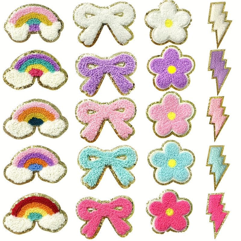 20pcs Glitter Self-adhesive Rainbow, Flower Plush Garment Embroidery Patches Blurred Letters Golden Decoration College Style Clothing Badge Appliques (Pastel Tones, Simple)