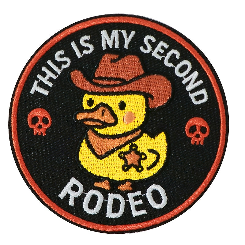 Set of 5 Humorous Cowboy Duck Patches Featuring The Phrase 'This Is My Second Rodeo' for Decorating Jackets, Backpacks, Hats, And Clothing. Can Be Ironed Or Sewn on