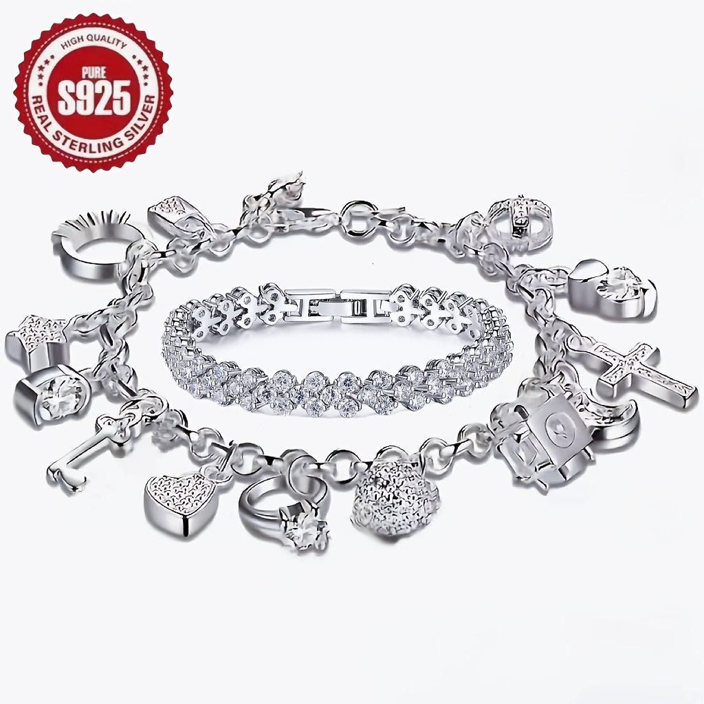 2pcs Women's 925 Silver Bracelet Set, S925 Love Synthetic Synthetic Zirconia Tennis Bracelet And Retro Multi Element Bracelet, Classic Retro Luxury Style, Analog Synthetic Synthetic Zirconia Mosaic, with Gift for Daily Wear, Total Weight