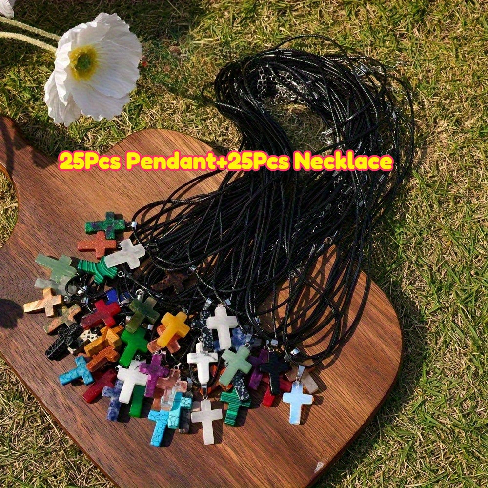 50pcs Natural Stone Cross & Black Necklace Set - 25pcs Colorful Texture Natural Stone Cross Pendant + 25pcs Black Necklace for DIY Jewelry Making, Bracelets, Earrings & Craft, For Teenager