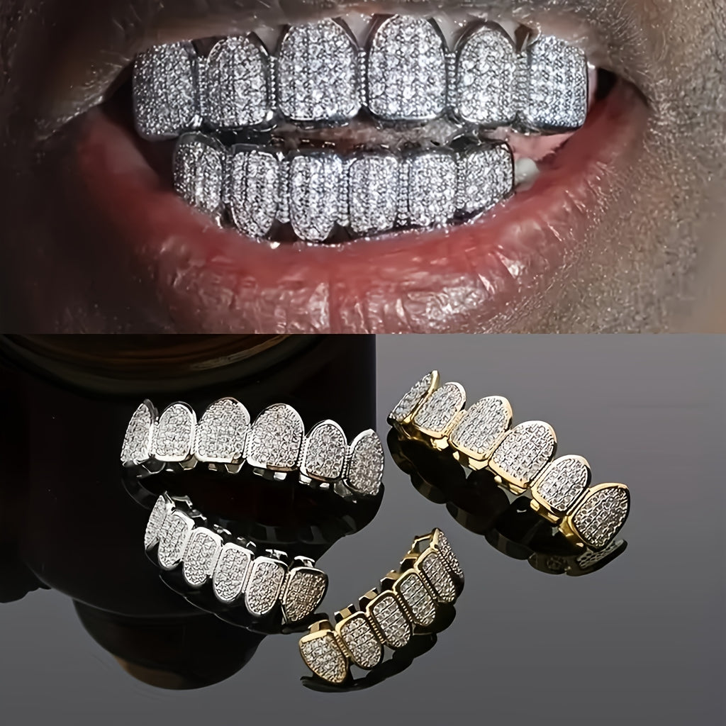 1 Set Of Design Models Niche Quirky Denture Sets Micro-set Full Of Synthetic Synthetic Zirconia Punk Style Halloween Pop-up Cosplay Big Golden Teeth Jewellery, Suitable for Party Party Party Party Gifts