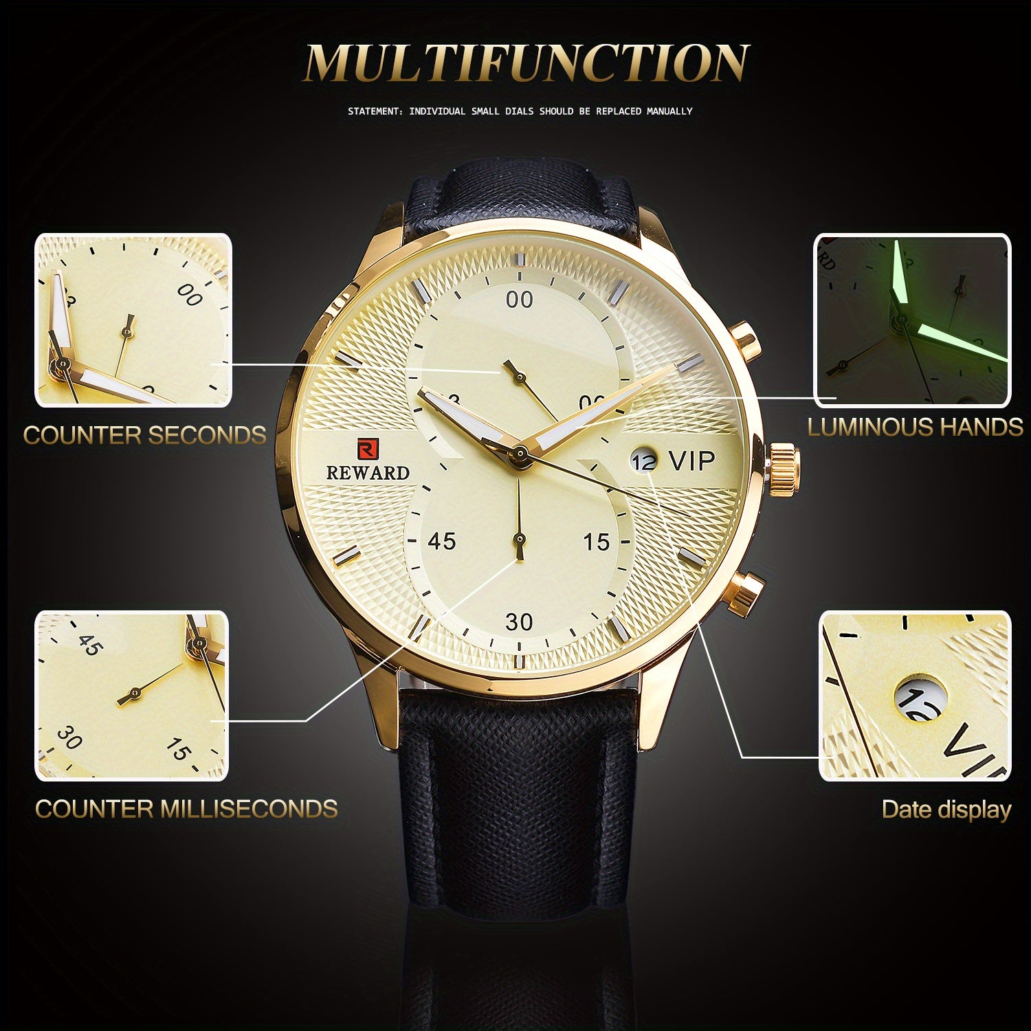 [1pc Men's Watch] 1pc Men's Black Golden Quart Watch | PU Leather Strap, with Gift Box
