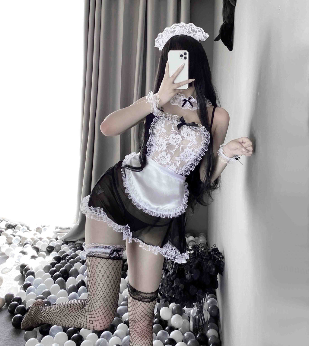 T-1298 Rose lace see-through maid set