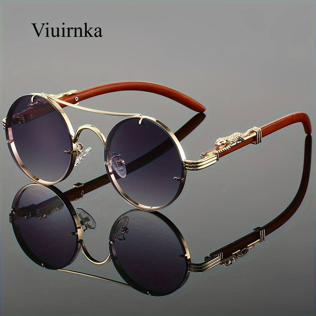 Fashionable Round Metal Frame Glasses with Gradient PC Lenses - Luxury Double Bridge Design, Leopard Detail Hinges, Stylish And Chic for Both Men And Women, Perfect for Vacation, Street Photography, And Includes Protection Case, As a Unique Gift