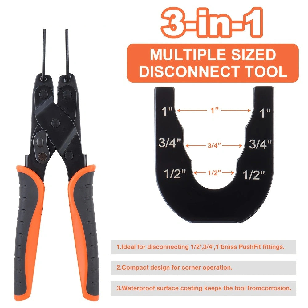 [Pipe Disconnect Tool] Quick Connect Pipe Disconnect Tool Push to Connect Disassembly Pliers Carbon Steel with Ergonomic Non Slip Handle Compact And Compatible with PEX PVC And Copper Pipes Works with 1/2 Inch 3/4 Inch And 1 Inch Fittings for Easy Install