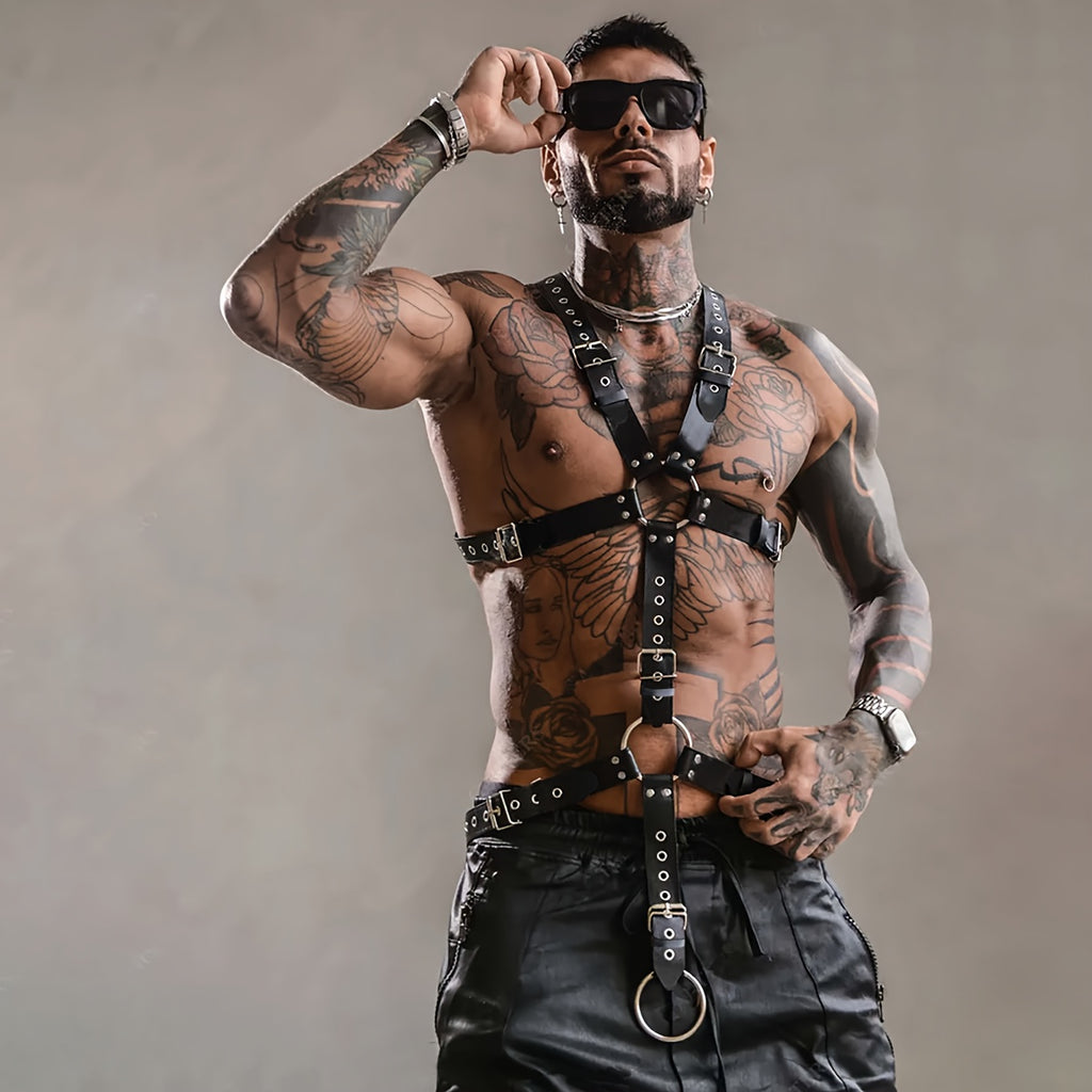 Men'S Adjustable Faux PU Suspenders - Gothic Punk Style Body Harness with Rivets, Non-Stretch Fabric, Perfect for Festivals And Parties