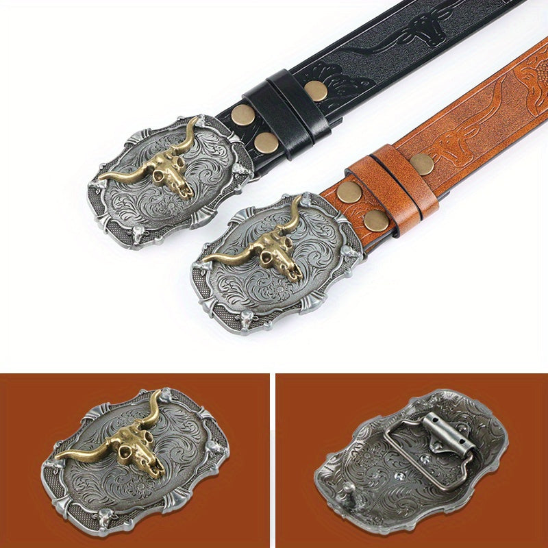 2pcs Men'S Western Cowboy Faux Leather Belts with Bull Buckle | Durable Embossed Floral Design in Black & Brown - Perfect for Western Events, Parties & Gifts | Brand: VERSDO, Buckle Material: Zinc Alloy Golden