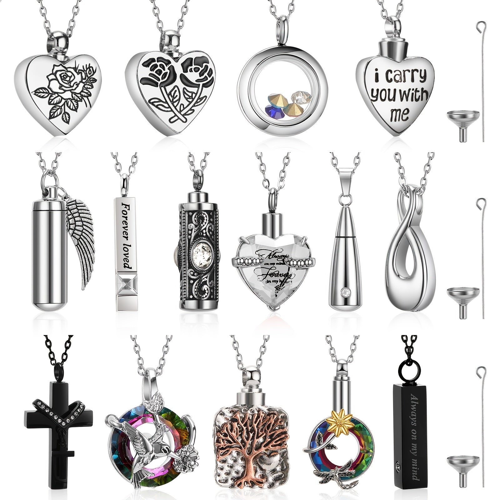 15pcs Urn Necklace for Ashes Keepsake Cremation Jewelry Cross Heart Cubic Locket Ashes Necklace for Halloween