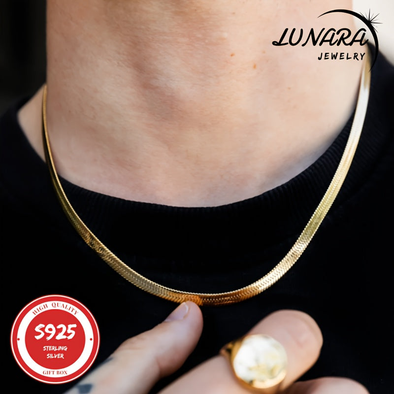 2D Flat - 24K Golden Plated Necklace, 925 Sterling Silver Necklaces, 3.5mm Herringbone Flat Snake Magic Chain Necklace For Women & Men With A Gift Box, Perfect Valentine'S Day Gift
