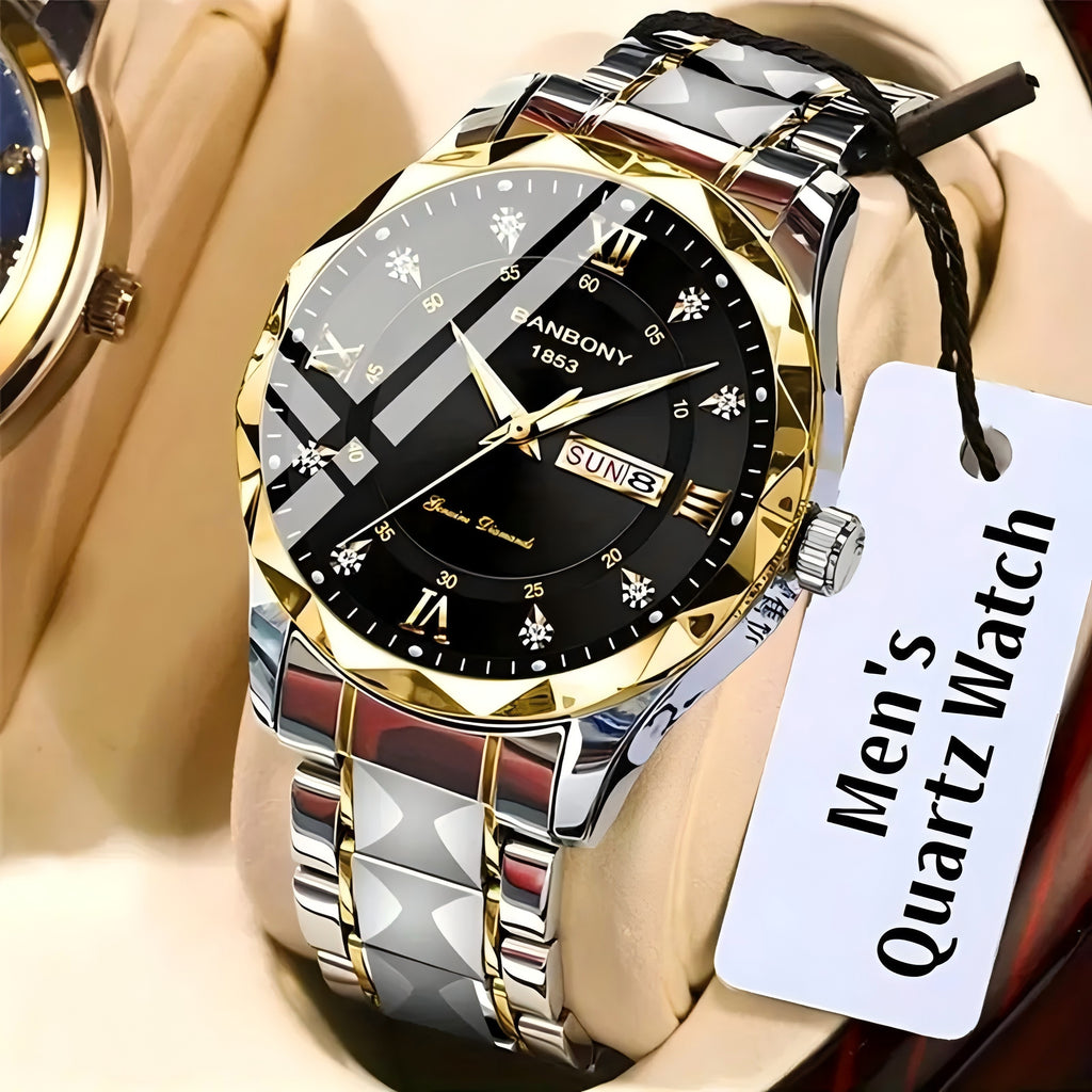 1pc Luxury Stainless Steel Strap Multifunctional Watch- Roman Numerals Dial, Rhinestones Accents, Luminous Hands, Water-Resistant, Ideal Birthday, Holiday, Anniversary Gift for Men
