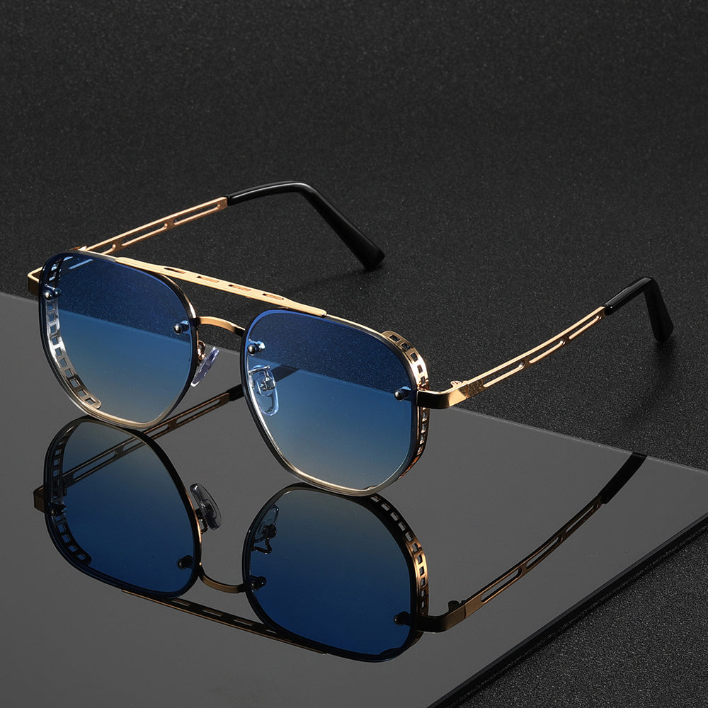 Men's Retro Punk Fashion Glasses - Green Gradient Lens, Hollow Metal Frame & Adjustable Nose Pads - Protection, Oversized Round Eyes Design for Driving,, Street Photography - Bold Fashion Statement, All-Season Wear - Stylish Gift for Men (Trendy Pilot-Ins