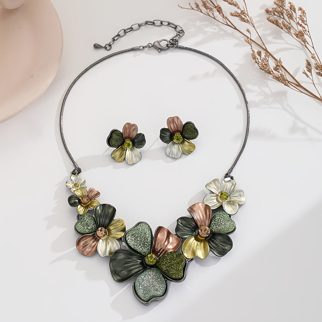 Chunky Statement Jewelry Set Vintage Retro Green Flower Floral Leaf Aesthetic Bohemian Boho Bib Necklace Earring Set Fashion Costume Jewelry for Women Wedding Party Prom Unique GiftBand Box Christmas Thanksgiving